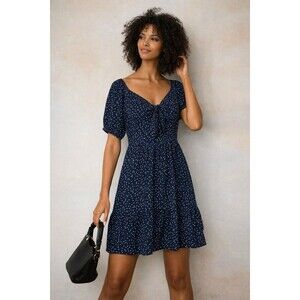 LC Lauren Conrad Dress Size XXL Blue Polkadot Tie Front V-Neck Short Sleeve NWT